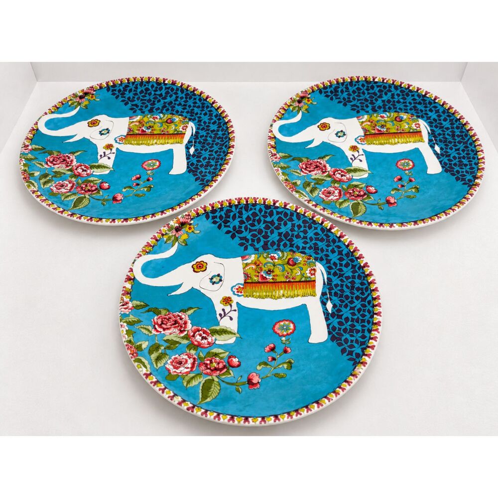 World Market Decorative Ceramic Dinner Plate Set of 3 white Elephant Floral